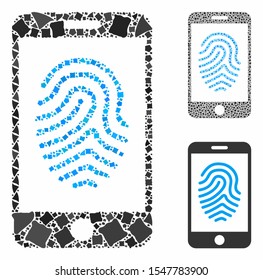Mobile fingerprint authorization composition of tremulant pieces in various sizes and color hues, based on mobile fingerprint authorization icon. Vector joggly pieces are organized into collage.