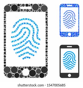 Mobile fingerprint authorization mosaic of circle elements in various sizes and color tones, based on mobile fingerprint authorization icon. Vector circle elements are organized into blue mosaic.