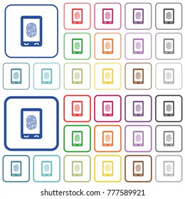 Mobile fingerprint identification color flat icons in rounded square frames. Thin and thick versions included.