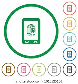 Mobile fingerprint identification flat color icons in round outlines on white background