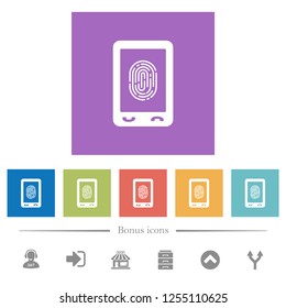 Mobile fingerprint identification flat white icons in square backgrounds. 6 bonus icons included.