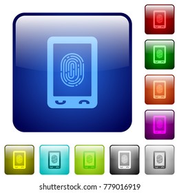 Mobile fingerprint identification icons in rounded square color glossy button set