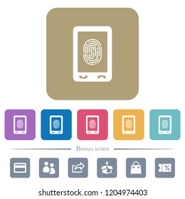 Mobile fingerprint identification white flat icons on color rounded square backgrounds. 6 bonus icons included