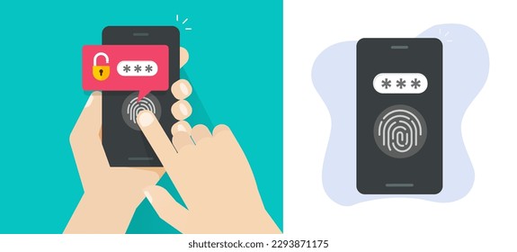 Imagen móvil con identificación táctil con contraseña de acceso a código de acceso icono gráfico vectorial, huella digital de dedo pulgar identificación segura de teléfono celular inicio de sesión biométrico, imagen de tecnología de smartphone de teléfono celular