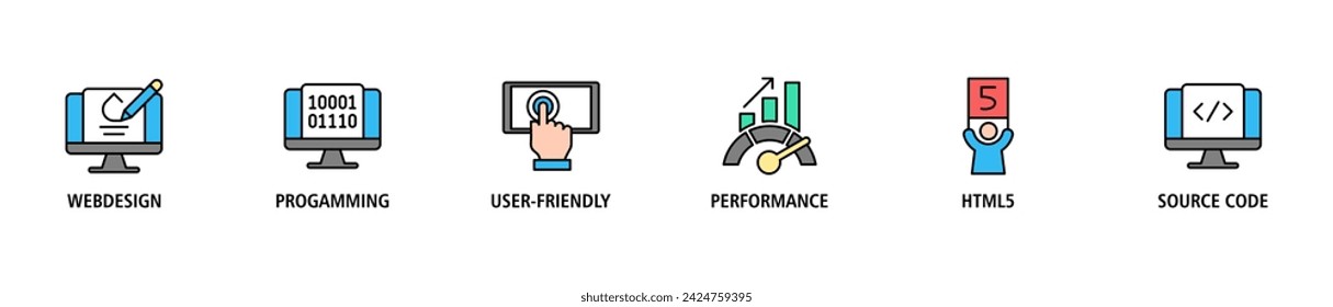 Mobile first banner web icon vector illustration concept for responsive web design with icon of webdesign, programming, user-friendly, performance, html5 and source code