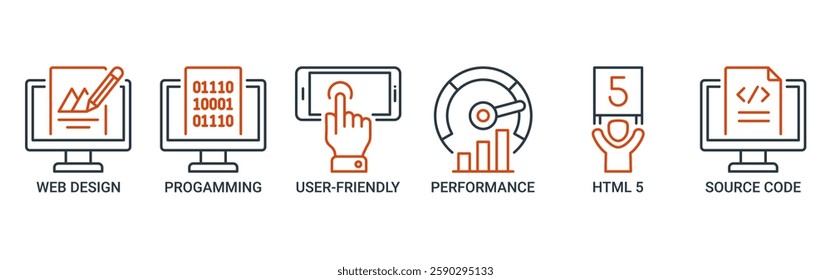 Mobile first banner web icon set vector illustration concept for responsive web design with icon of web design, programming, user-friendly, performance, html5 and source code icons outline symbol.