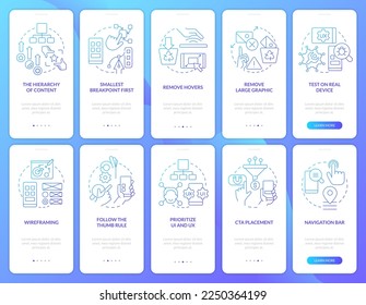 Mobile first design blue gradient onboarding mobile app screen set. Walkthrough 5 steps graphic instructions with linear concepts. UI, UX, GUI template. Myriad Pro-Bold, Regular fonts used
