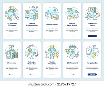 Mobile first design onboarding mobile app screen set. Walkthrough 5 steps editable graphic instructions with linear concepts. UI, UX, GUI template. Myriad Pro-Bold, Regular fonts used