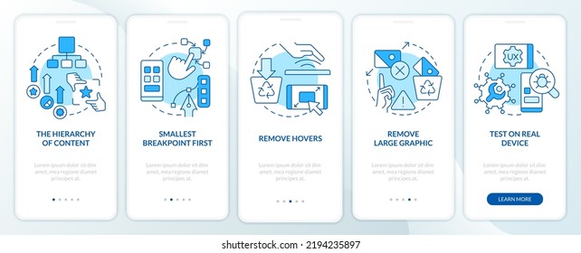 Mobile first design process blue onboarding mobile app screen. Walkthrough 5 steps editable graphic instructions with linear concepts. UI, UX, GUI template. Myriad Pro-Bold, Regular fonts used