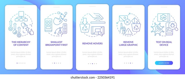 Mobile first design process blue gradient onboarding mobile app screen. Walkthrough 5 steps graphic instructions with linear concepts. UI, UX, GUI template. Myriad Pro-Bold, Regular fonts used