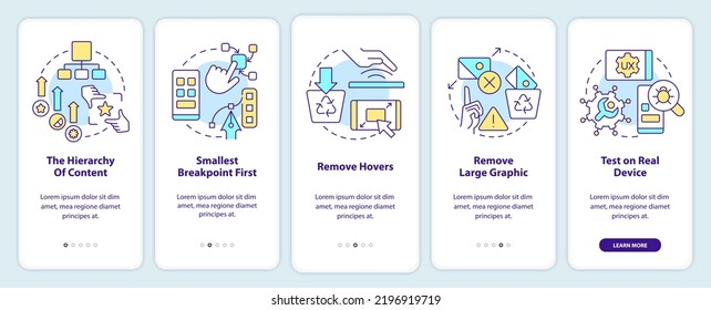 Mobile first design process onboarding mobile app screen. Walkthrough 5 steps editable graphic instructions with linear concepts. UI, UX, GUI template. Myriad Pro-Bold, Regular fonts used