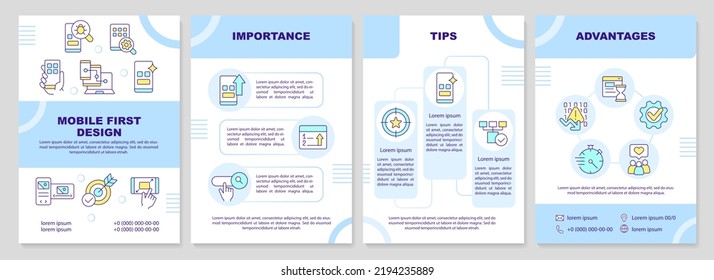 Plantilla de folleto turquesa del primer proceso de diseño móvil. Diseño del prospecto con iconos lineales. Editable 4 diseños vectoriales para presentación, informes anuales. Arial-Black, Myriad Pro-Regular fuentes utilizadas