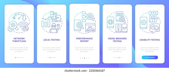 Mobile first design testing blue gradient onboarding mobile app screen. Walkthrough 5 steps graphic instructions with linear concepts. UI, UX, GUI template. Myriad Pro-Bold, Regular fonts used