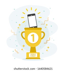 Mobile first. Smartphone icon inside golden cup prize. Responsive web design concept. Vector illustration, flat design