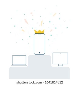 Mobile first. Smartphone icon with king crown, desktop computer and laptop on podium. Responsive web design concept. Vector illustration, flat design