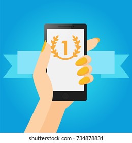Mobile first strategy banner. Phone with number one on display. Vector flat illustration 