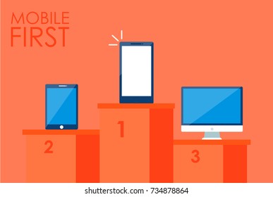 Mobile first strategy banner. Phone with laptop and other. Vector flat illustration 