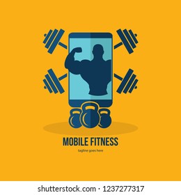 Mobile fitness. Fitness app - online fitness training icon with smartphone, flat design
