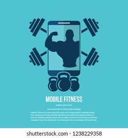Mobile fitness. Fitness app - online fitness training icon with smartphone, flat design