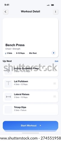 A mobile fitness application interface shows a detailed workout plan including bench press and lateral raises. The screen features a list of upcoming exercises and a start button.
