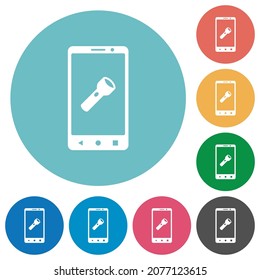 Mobile flashlight flat white icons on round color backgrounds
