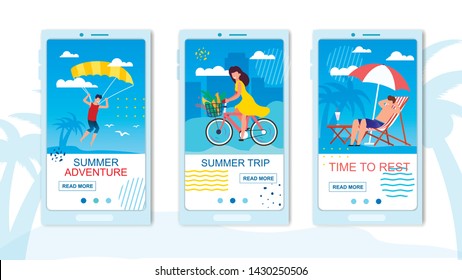 Mobile Flat Landing Page for Travel Application. Summer Parasailing Adventure, Bicycle Eco Trip, Rest Time on Tropical Beach. Vector Cartoon People Enjoy Summertime Vacation Illustration