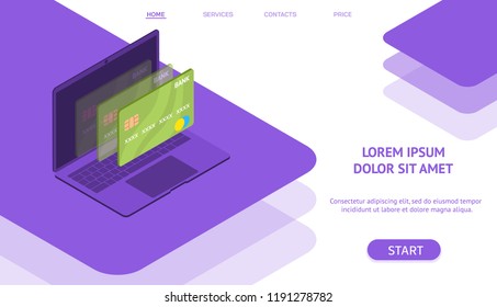 Mobile flat payment with credit card and laptop web concept. isometric style. ultra violet color.  website and mobile site. Landing page template. vector illustration.