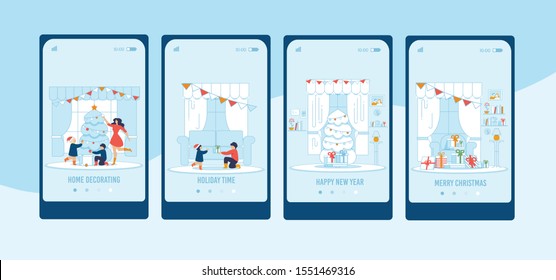 Mobile Flat Screens. Cartoon Festive Landing Page Set. Holiday Time, Home Decoration on Happy New Year and Merry Christmas Celebration. Cheerful Parents with Children. Vector Illustration