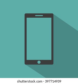 Mobile flat style icon with shadow on a  green background, vector illustration