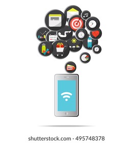 Mobile flat web isometric infographic concept, vector template. Mobile app icons for smartphone.