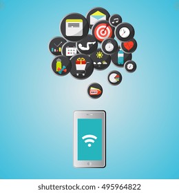 Mobile flat web isometric infographic concept, vector template. Mobile app icons for smartphone.