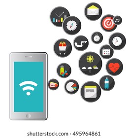 Mobile flat web isometric infographic concept, vector template. Mobile app icons for smartphone.