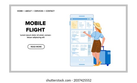 Mobile Flight App mit weiblichem Passagiervektor. Bewerbung für den mobilen Flug zur Auswahl der Flugrichtung und des Flugdatums. Illustration zum Thema Zeichenreservierung und Registrierung im Web