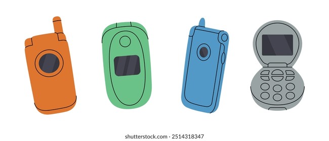 Conjunto de teléfono móvil. Antiguos artilugios de comunicación. Ilustración vectorial.