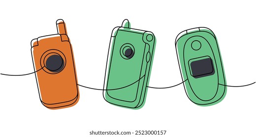 Conjunto de teléfono móvil con una línea de dibujo continuo coloreado. Antiguos artilugios de comunicación. Ilustración lineal de Vector.