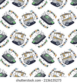Mobile food cart and Cash register. Seamless pattern on a white background. Cute vector illustration.