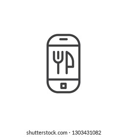 Mobile food delivery app screen line icon. linear style sign for mobile concept and web design. Smartphone with fork and knife outline vector icon. Symbol, logo illustration. Pixel perfect vector