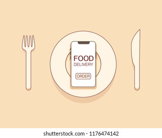 Mobile Food delivery concept with fork,plate, knife for dinner with smartphone and order button on screen. vector illustration. outline style