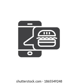 Mobile food delivery vector icon. Phone with hamburger filled flat sign for mobile concept and web design. Online food ordering glyph icon. Symbol, logo illustration. Vector graphics