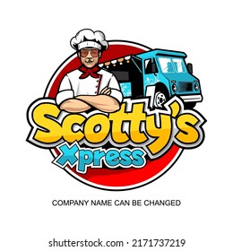 Mobile food truck with chef Vector illustration, editable company name