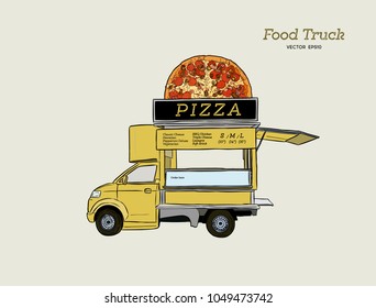 Mobile food truck. Van with pizza. Vector illustration hand draw style.