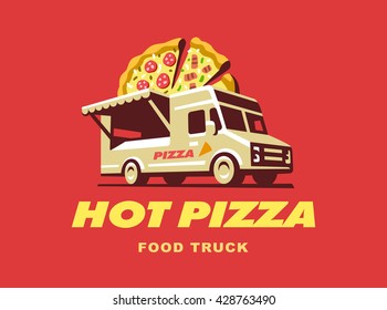 Mobile food truck. Van with pizza. Vector illustration.