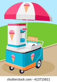 Mobile food umbrella cart vector cartoon sell ice cream sweet childhood memory in carnival all objects isolated eps 10