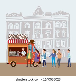 Mobile food Van, Coffe Food Truck vector, barista salesman, characters, men and women stand in line for coffee, and snacks, illustration, Coffee and desserts truck, vector, cartoon style