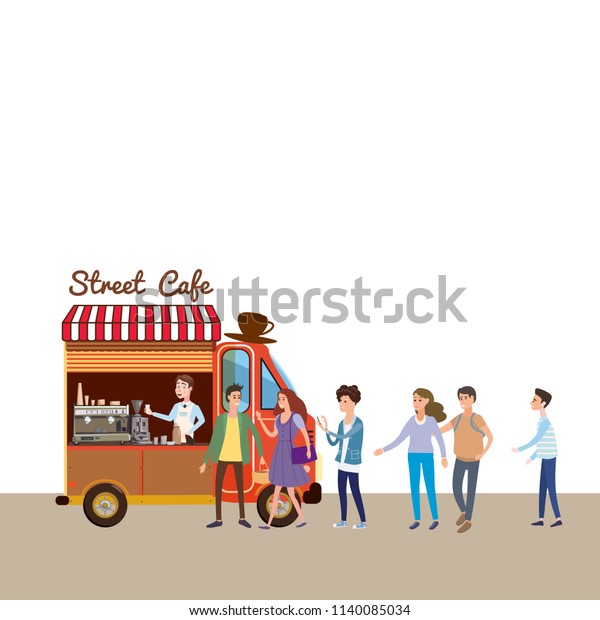 Mobile\
food Van, Coffe Food Truck vector, barista salesman, characters,\
men and women stand in line for coffee, and snacks, illustration,\
Coffee and desserts truck, vector, cartoon\
style