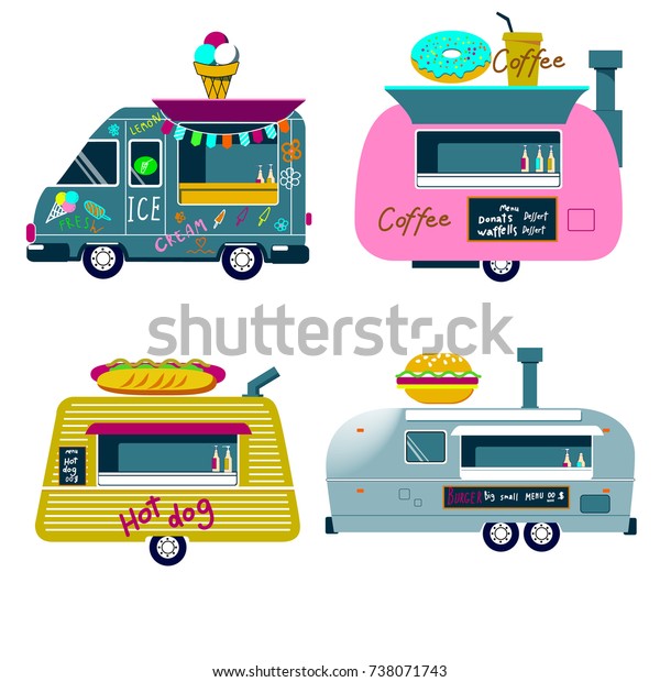 Mobile food Van, Food Truck vector hand\
drawn illustration\
Coffee and desserts  truck\

