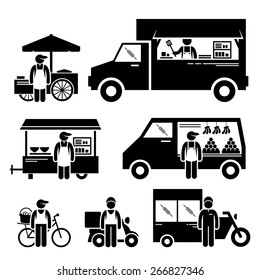 Mobile Food Vehicles Lorry Truck Van Wagon Bicycle Bike Cart Stick Figure Pictogram Icons