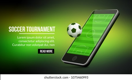 Mobile football app design. Soccer banner for mobile online technology.