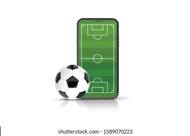 Mobile football soccer. Online sport bet play match. Online soccer game with live mobile app. Football field on the smartphone screen and ball. Online ticket sales, sport betting concept