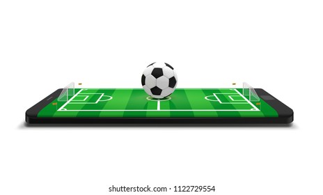 Mobile football soccer. Mobile sport play match. Online soccer game with live mobile app. Football field on the smartphone screen and ball. Online ticket sales concept.